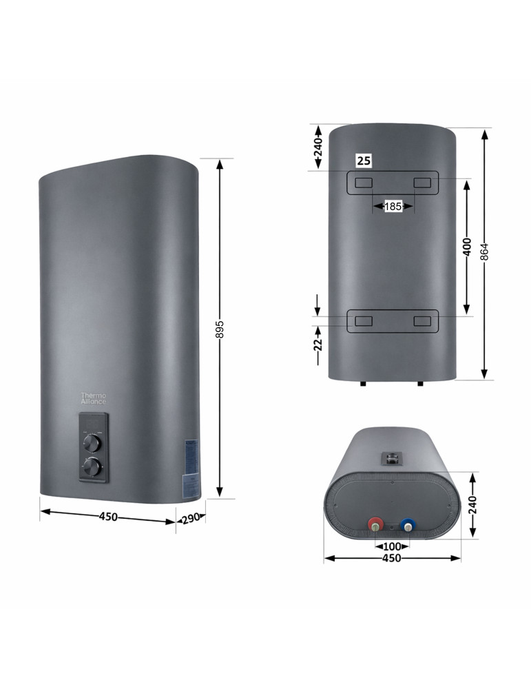 Водонагрівач електричний Thermo Alliance 50 л, Grey, плоский вертикальний, сухий ТЕН 2 кВт (0,8+1,2) DT50V20GPDD2G