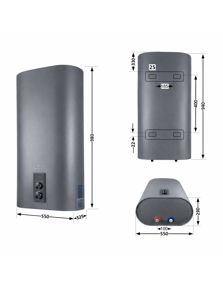 Водонагрівач електричний Thermo Alliance 80 л Grey, плоский вертикальний, мокрий ТЕН 2 кВт (0,8+1,2) DT80V20G(PD)/2G