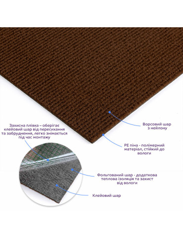 Самоклеюча плитка під ковролін темно-коричнева 600х600х4,5мм SW-00001127