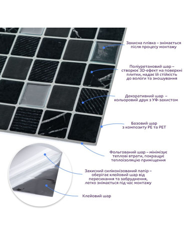 Самоклеюча поліуретанова плитка чорно-біла мозаїка 305х305х1мм (D) SW-00001149
