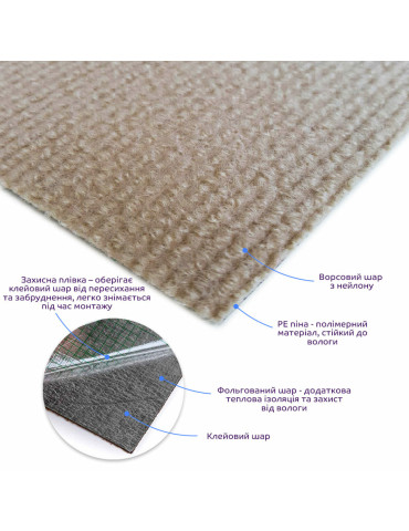 Самоклеюча плитка під ковролін бежева 600х600х4,5мм SW-00001290