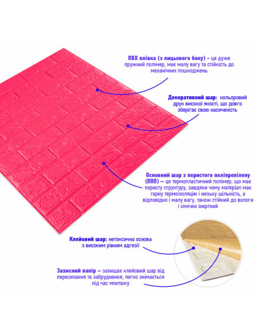 3D панель самоклеюча 700х770х5мм цегла Малинова-червона (108-5) SW-00001364