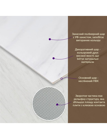 Декоративна ПВХ плита 600х600х3мм Білий мармур (S) SW-00001620