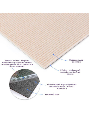 Самоклеюча плитка під ковролін молочний 600х600х4,5мм SW-00002483