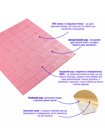 3D панель самоклеюча 700х770х3мм цегла Рожевий (004-3) SW-00000231