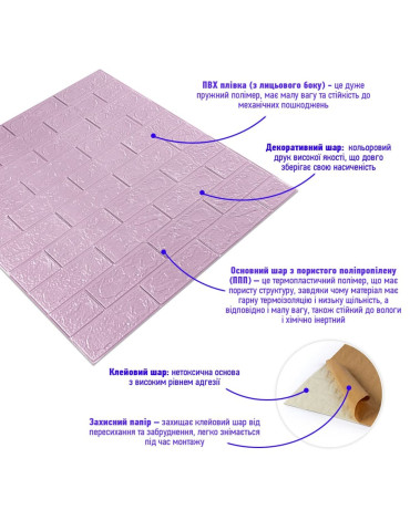 3D панель самоклеюча 700х770х3мм цегла Світло - фіолетова (015-3) SW-00000574